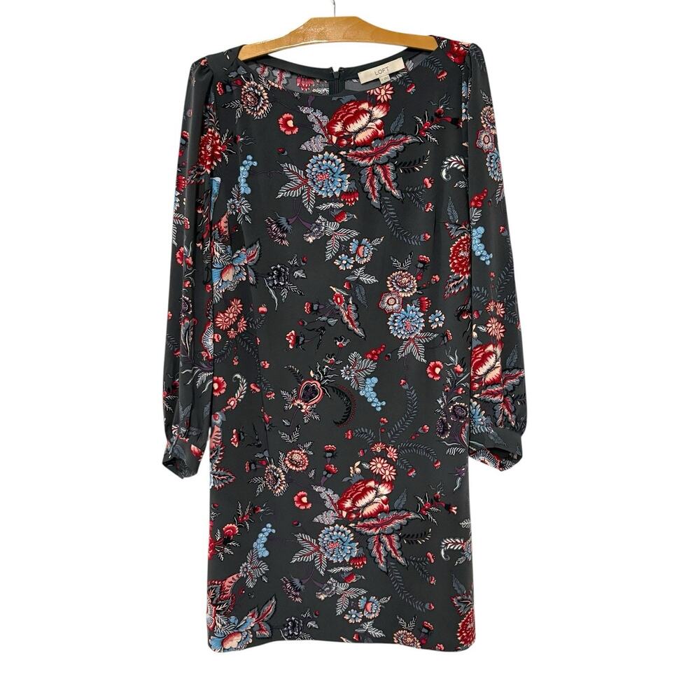 Ann Taylor LOFT | Dress Long Sleeve Floral Gray Knee Length NWT- Size 12